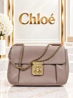Authentic Chloe Elsie Taupe Leather Shoulder Bag Gold Chain Crossbody Purse